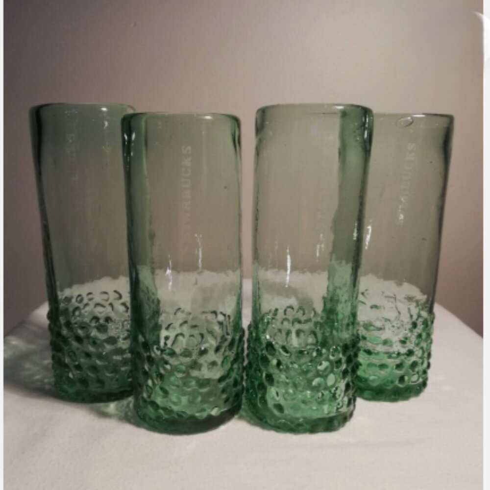 Vintage Starbucks Hand-Blown Green Glass Hobnail Tumblers - Set of 4
